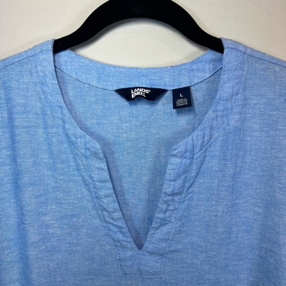 Lands' End Linen Blend Split Neck Tunic Top Blue Nautical Lagenlook Shirt  Large - Picture 2 of 14